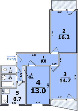 Планировка квартиры: 1-комнатная, 9,12-ти этажные дома (чешской планировки)