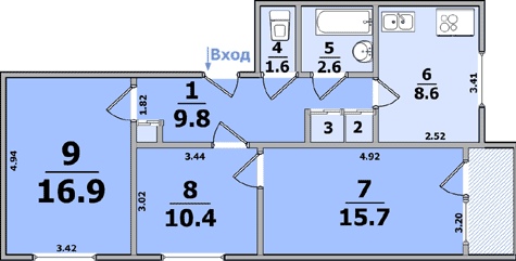 Планировка квартиры: 1-комнатная, 16-ти этажные дома (панельные)