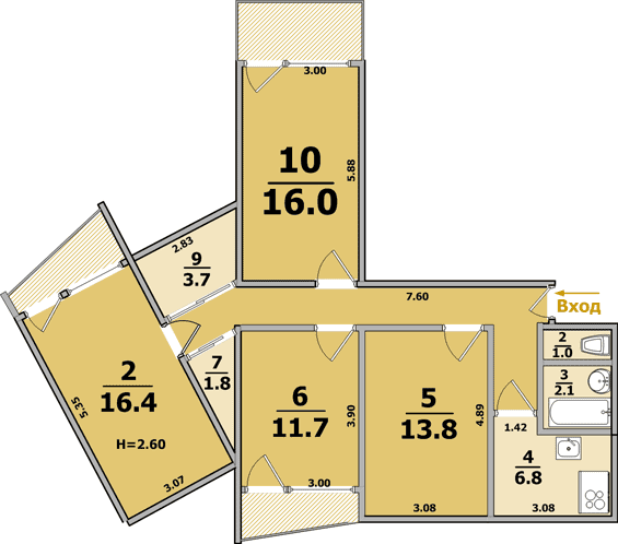Планировка квартиры: 4-комнатная, 9,12-ти этажные дома (чешской планировки)